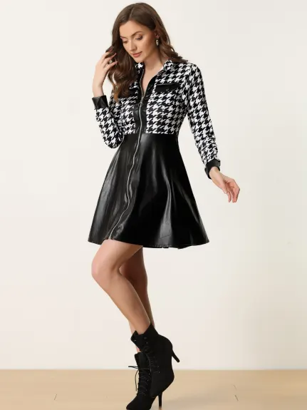 Allegra K - PU Houndstooth Patchwork Zipper Up Dress