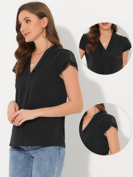 Allegra K - Summer V-Neck Solid Chiffon Blouse