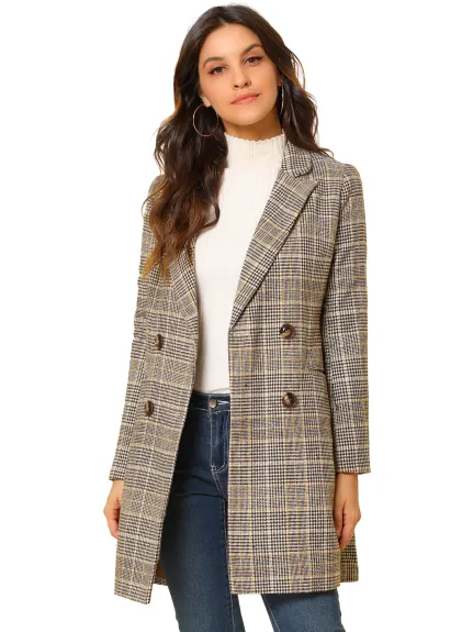 Allegra K- Notched Lapel Double Breasted Plaid Blazer