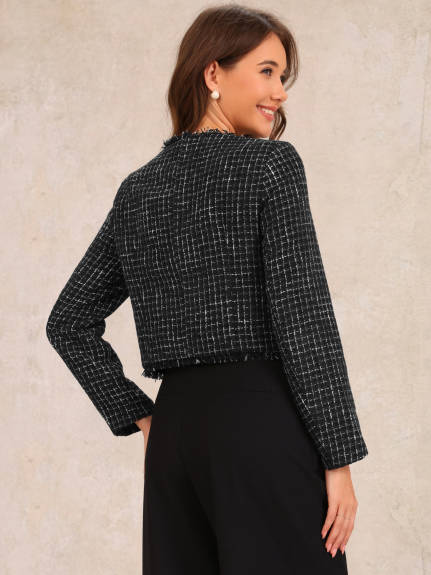 Allegra K - Crew Neck Cropped Plaid Tweed Blazer