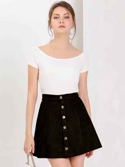 Allegra K - Faux Suede Button A-Line Mini Skirt