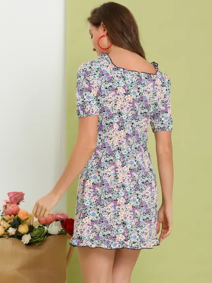 Allegra K- Floral Ruffle Square Neck Summer Mini Dress