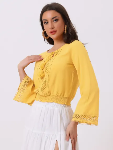 Allegra K- Lace Tie Neck Bell Sleeve Cropped Top