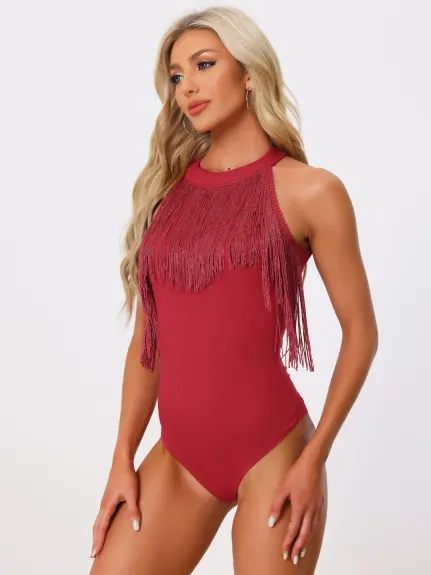 Allegra K - Fringe Trim Halter Neck Bodysuit