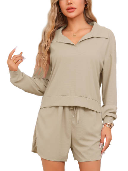 Cheibear - Waffle Knit Long Sleeve Pajama Lounge Set