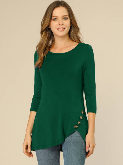 Allegra K- 3/4 Sleeve Tunic Asymmetry Button Top