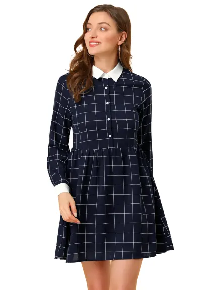 Allegra K- Plaid Button Up Shift Shirt Dress