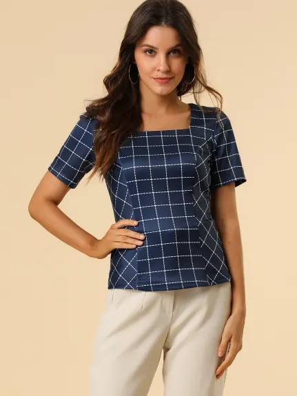 Allegra K- Square Neck Plaid Short Sleeve Blouse