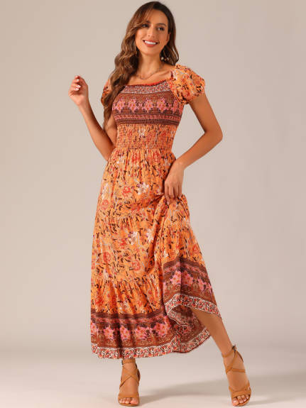 Allegra K- Boho Off-Shoulder Floral Smocked Dress