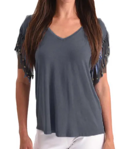 ANGEL Stone Wash Cut Out Fringe Beaded Sleeve Top