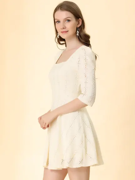 Allegra K- Square Neck Lace Puff Sleeve Dress