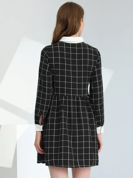 Allegra K- Plaid Button Up Shift Shirt Dress