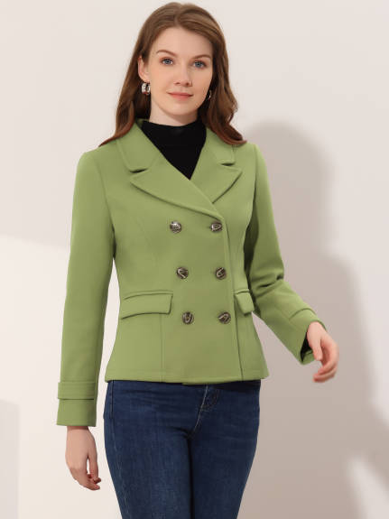 Allegra K- Worsted Notched Lapel Double Breasted Overcoat