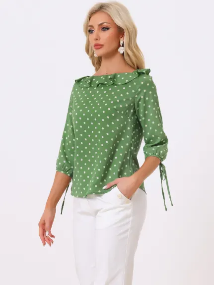 Allegra K- Ruffled Neck Half Sleeve Sheer Polka Dots Blouse