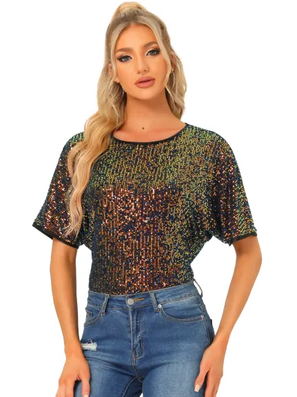 Allegra K- Round Neck Short Sleeve Sequin Top