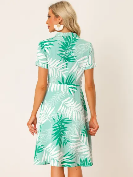 Allegra K- Tropical Print Short Sleeve V Neck Belted Shirt Dress