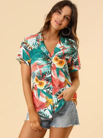 Allegra K- Beach Tropical Floral Leaves Button Down Shirts