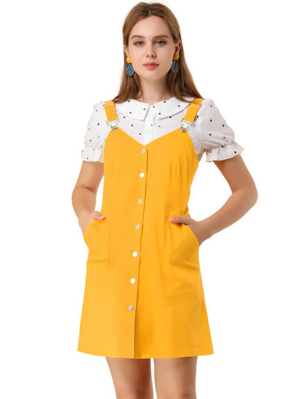 Allegra K- Button Down Adjustable Strap Pinafore Dress with Pockets