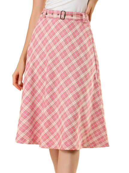 Allegra K- Plaid Tartan Belted A-Line Midi Skirt