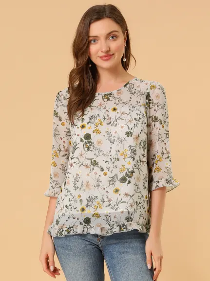 Allegra K- Floral Ruffled 3/4 Sleeve Chiffon Blouse