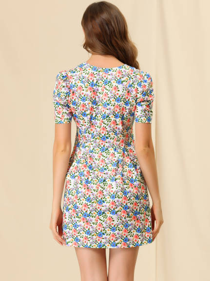 Allegra K- Floral Short Sleeves Flare Dress