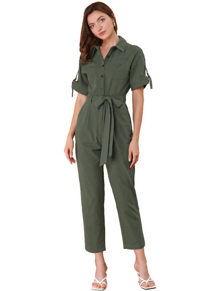 Allegra K- Turndown Collar Button up Tie Waist Cargo Jumpsuit