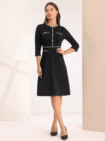 Hobemty- A-Line Contrast Color Tweed Trim Dress