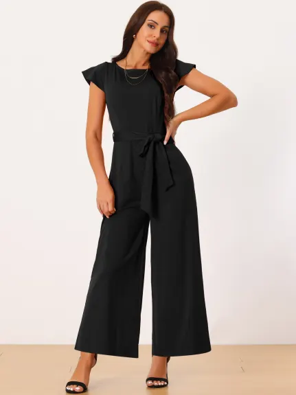 Allegra K - Cap Sleeve Belted High Waist Casual Jumpsuit