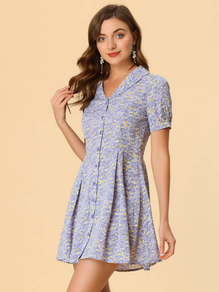 Allegra K- Floral Short Sleeve Button Flare Shirt Dress