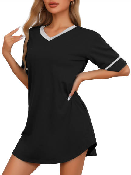 Cheibear - Cotton V-Neck Short Sleeve Nightgown