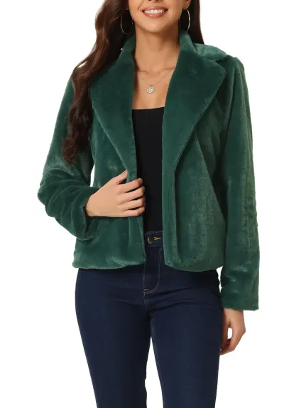 Allegra K- Cropped Notch Lapel Fluffy Coat