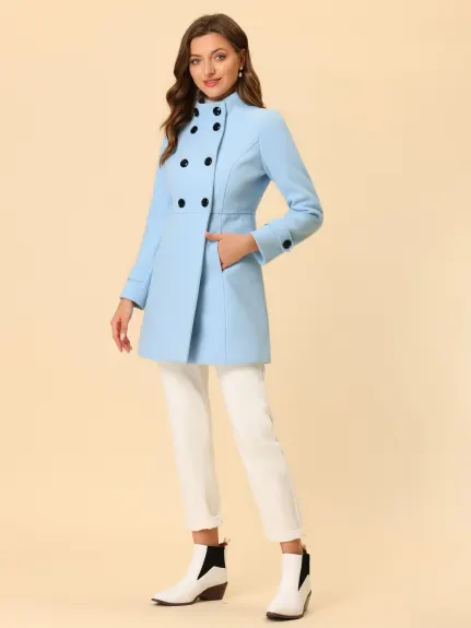 Allegra K- Stand Collar Long Sleeves Double Breasted Coat