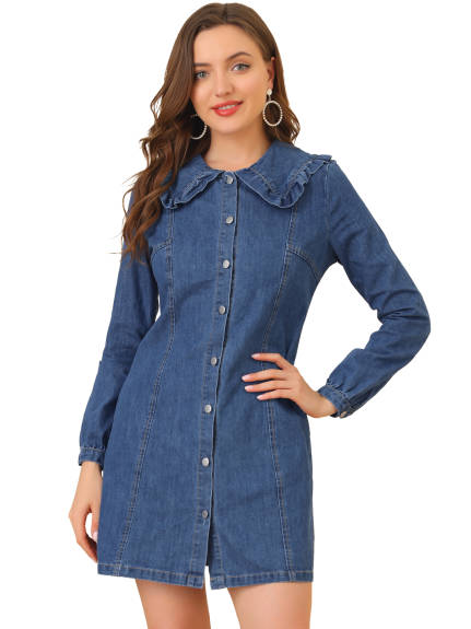 Allegra K- Jean Ruffle Collar Denim Button Down Dress