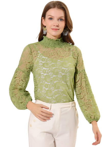 Allegra K- Ruffle Mock Neck Floral Lace Sheer Blouse