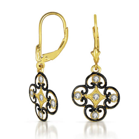 Genevive Sterling Silver Black And 14k Yellow Gold Plated Lace Deco with Clear Cubic Zirconia Leverback Drop Earrings