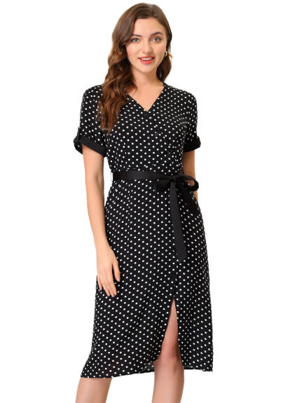 Allegra K- V Neck Polka Dots Button Decor Split Belted Dress