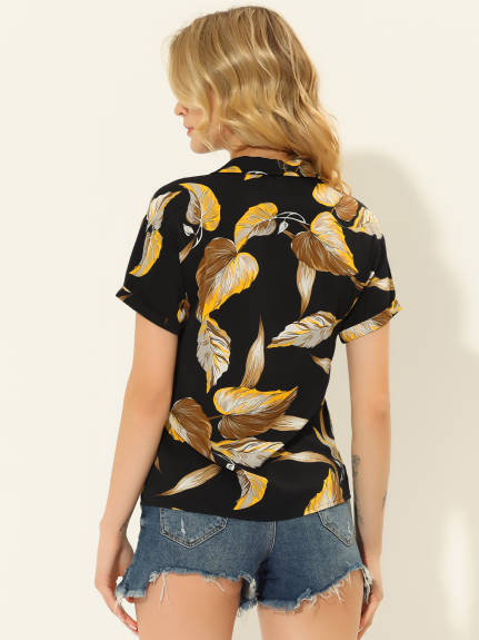 Allegra K- Beach Tropical Floral Leaves Button Down Shirts