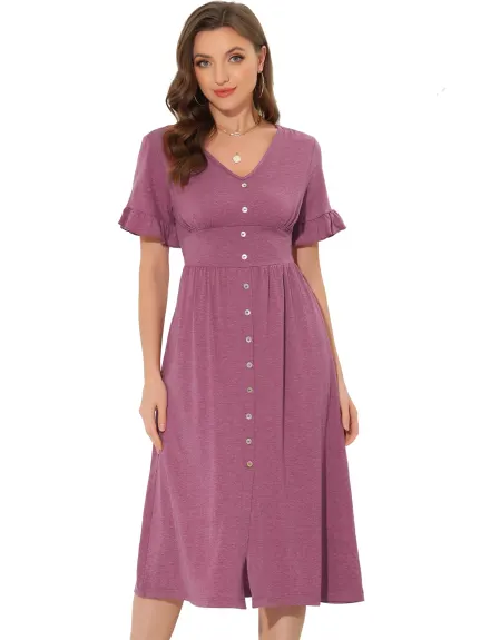 Allegra K- Button Flutter Sleeve Midi Dress