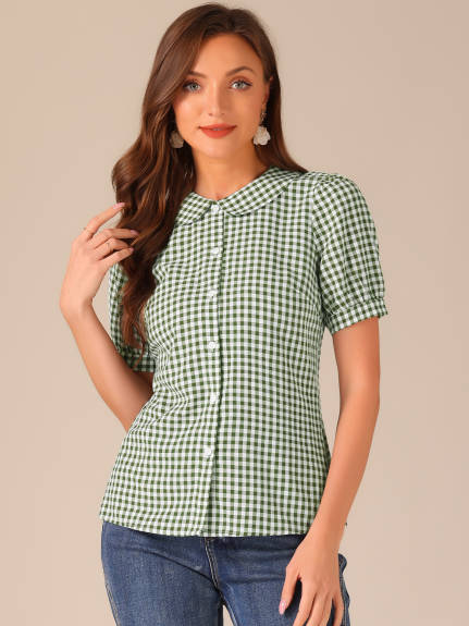 Allegra K - Puff Sleeve Peter Pan Collar Gingham Shirt