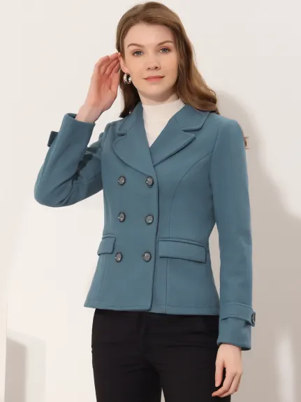 Allegra K- Worsted Notched Lapel Double Breasted Overcoat