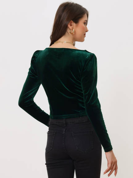 Allegra K- Velvet Long Sleeve Square Neck Cropped Blouse