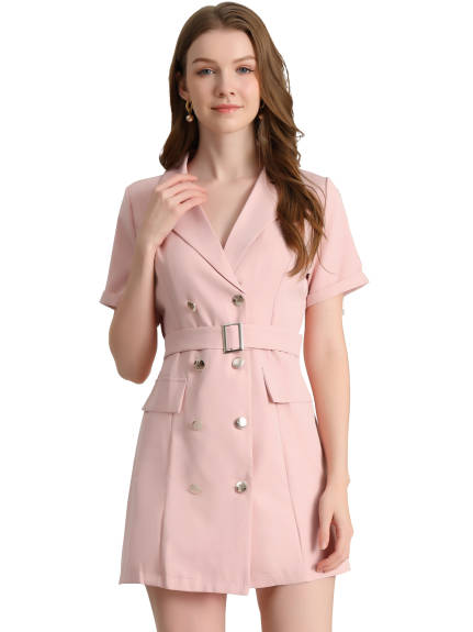 Allegra K- Lapel Collar Double Breasted Short Sleeve Mini Blazer Dress