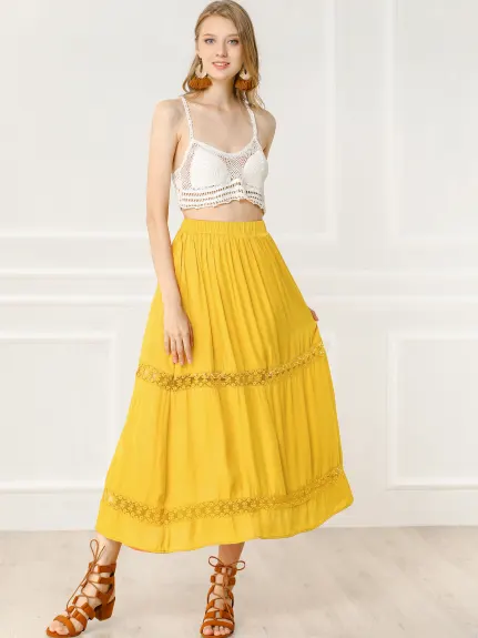 Allegra K - Lace Insert Swing Solid Maxi Skirt