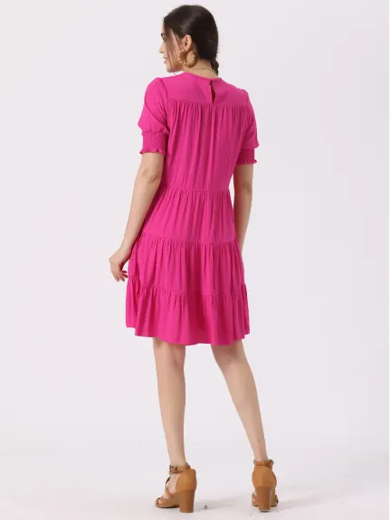 Allegra K- Smocked Short Sleeve Tiered Dress