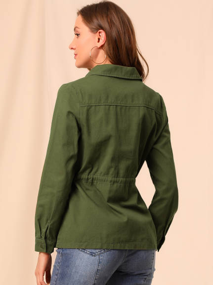 Allegra K- Flap Pockets Lightweight Utility Jacket