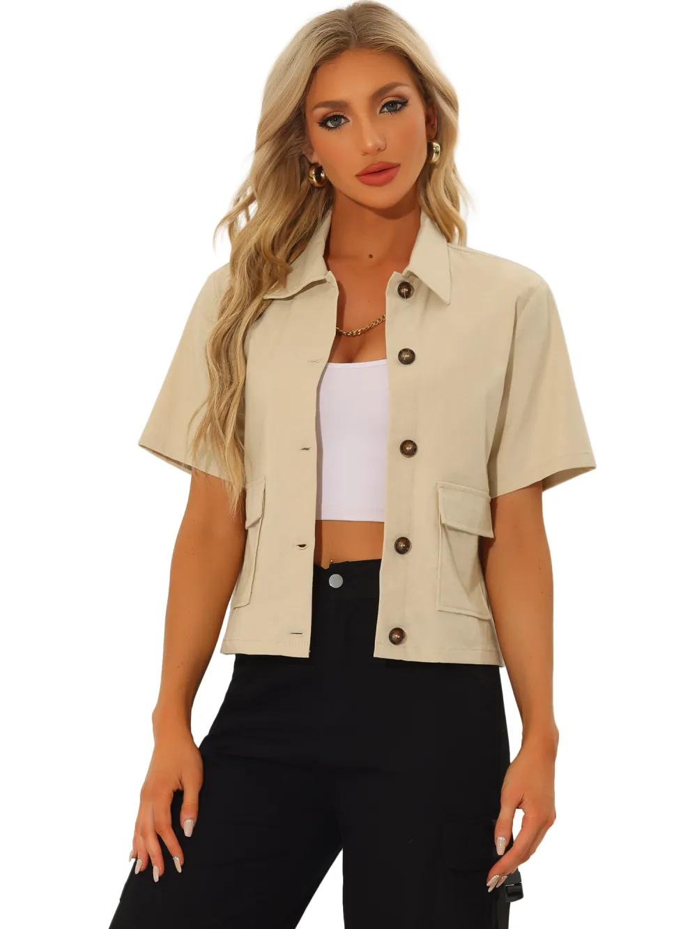 Allegra K- Veste boutonnée à manches courtes et col rabattu