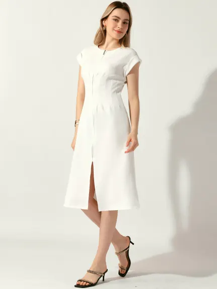 Allegra K - Solid Round Neck Short Sleeve Midi Dress