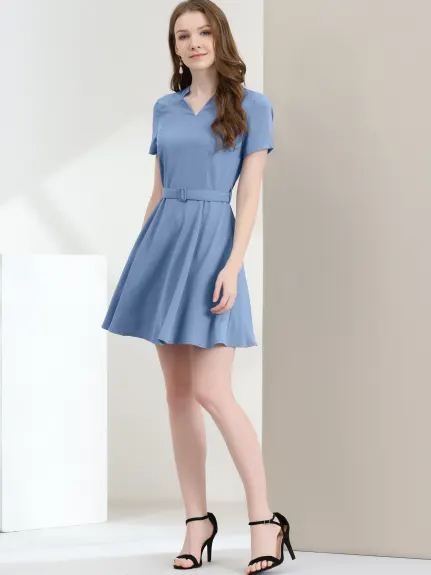 Allegra K- V Neck Short Sleeve A-Line Belted Elegant Dress