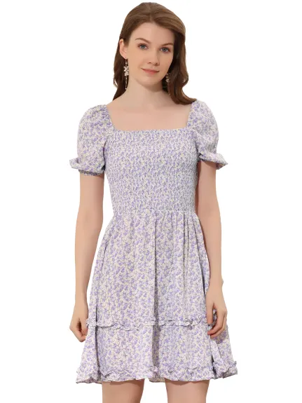 Allegra K- Puff Short Sleeve Smocked Ruffle Floral Dress