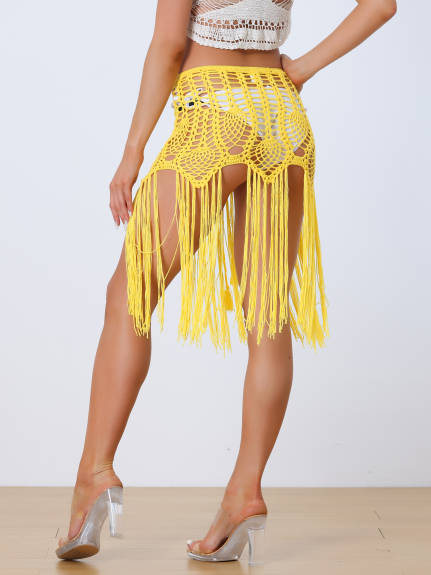 Allegra K- Crochet Summer Beach Swimsuit Tassel Cover-Up Skirt